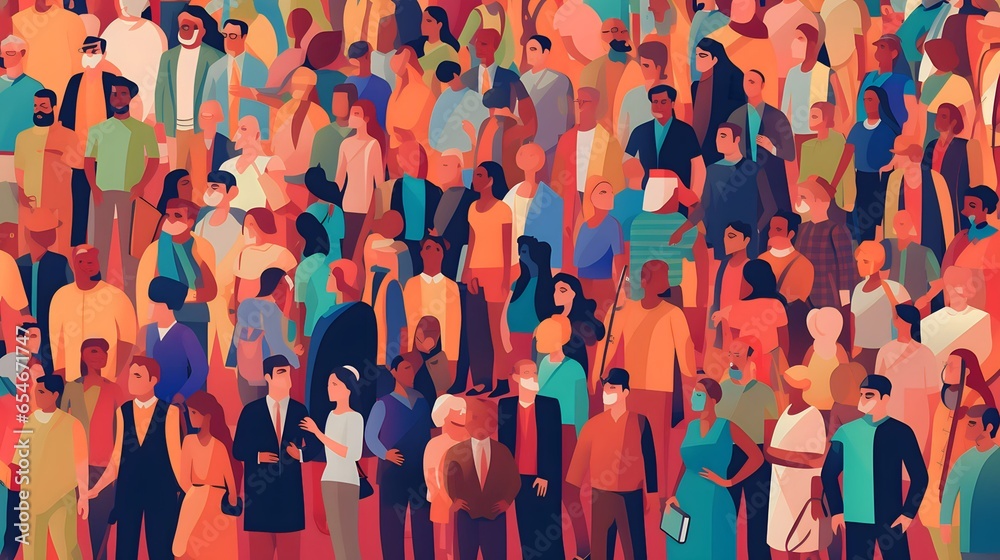 illustration of A large group of colourful diverse people - obrazy, fototapety, plakaty 