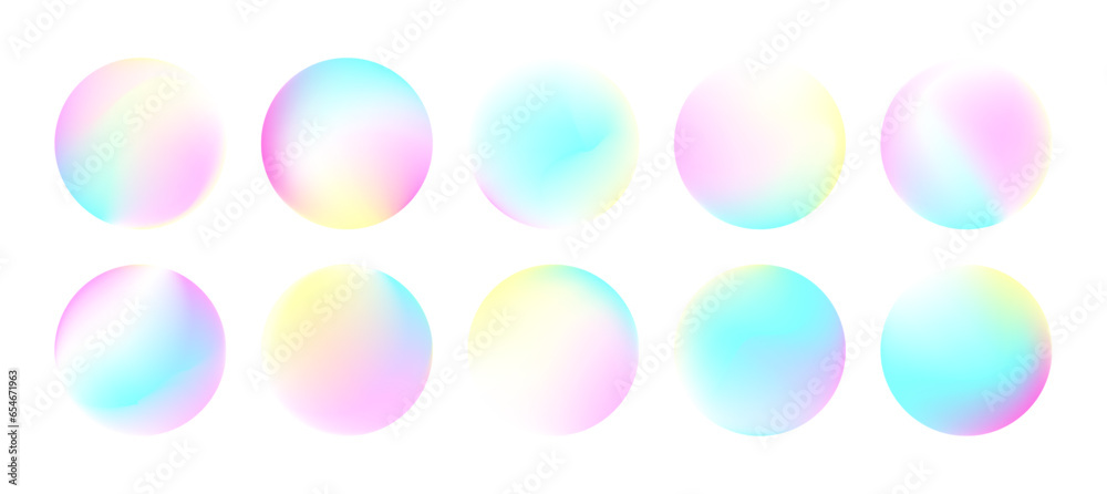 Vector round holographic gradient set. Light pastel circles, buttons, spheres. Trendy fluid blurred icons or labels for mobile app, screen or print. Colorful circle mesh gradient UX elements pack