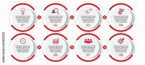 Business Infographic Design Template. minimal Timeline design with 8 marketing steps, options and icons. Vector linear infographic with eight circle connected elements. Can be used for your presentati