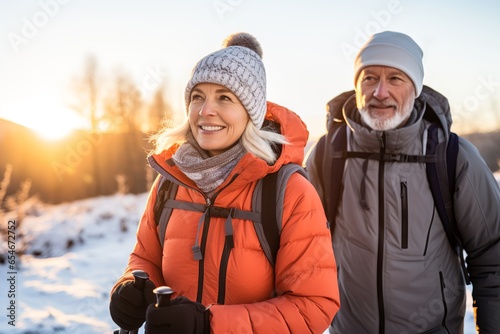 Senior couple with walking poles hiking in winter nature at sunrise