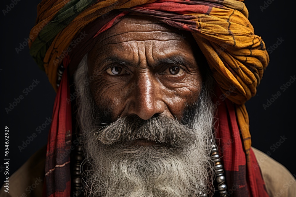Portrait of a Rajasthan elder with an intricate moustache and traditional clothing. Dignified appearance, facial character and timeless wisdom - Created with Ai technology