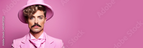 Young stylish non binary man with moustache in pink suit  hat on bright pink horizontal background. Banner copy paste empty space place for text. Embracing unique pride gay identity and style concept