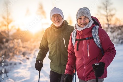 Senior couple with walking poles hiking in winter nature at sunrise