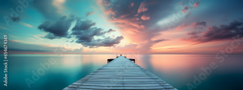 Landscape background of a empty wooden pier leading to the sea and sky with clouds.