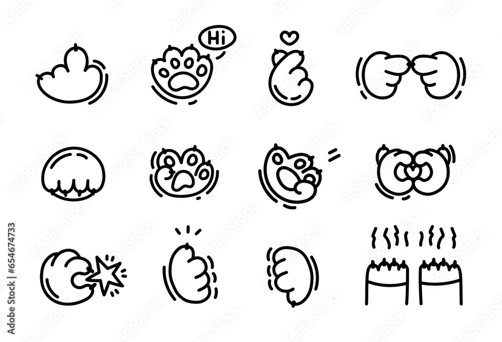 Linear cat paws stickers with different hand gestures. Set of hands icons, emoji, vector illustration, infographics, animation, websites, reports, comics, apps. Vector illustratin in doodle style Linear cat paws stickers with different hand gestures. Set of hands icons, emoji, vector illustration, infographics, animation, websites, reports, comics, apps. Vector illustratin in doodle style