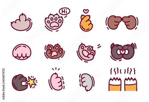 Cute cat paws vector illustration set. Cartoon cat paws clipart. Large set of cat paws gestures. Kawaii stickers. Class, like, rating, rating, greeting, middle finger, dislike. Doodle cartoon style.