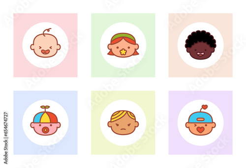 Set of baby avatars at different nations. Boy and Girl icons - baby  child. Happy cute babies set. Set of avatars of kids in circles. Vector illustration in flat style isolated on white background