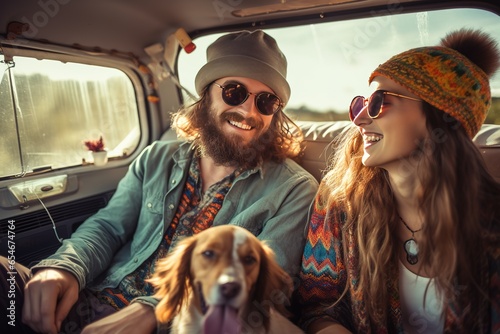 Hipster couple and their dog enjoying a camping adventure on a mini van adventure, camping in the great outdoors, creating lasting memories.