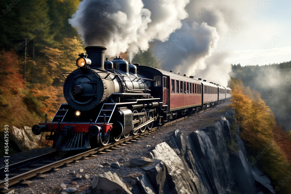 Fototapeta premium A train traveling down train tracks next to a lush green field. Smoke from the chimney of a retro train.