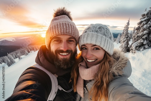 Smiling young couple wearing winter clothes taking selfie photo on snowy mountain at sunset