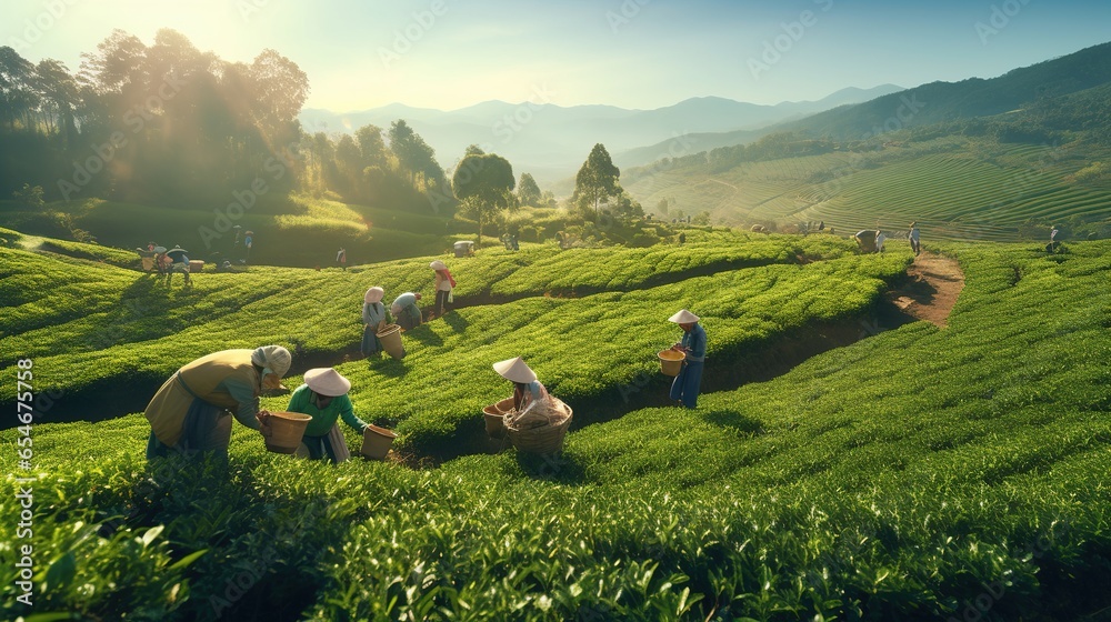 A villagers picking tea leaves, tea plantations on northern hills, natural farming background in Asia. - obrazy, fototapety, plakaty 