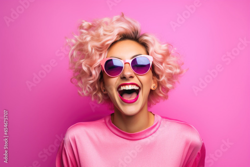 cheerful and funny happy woman in vivid shine pink background