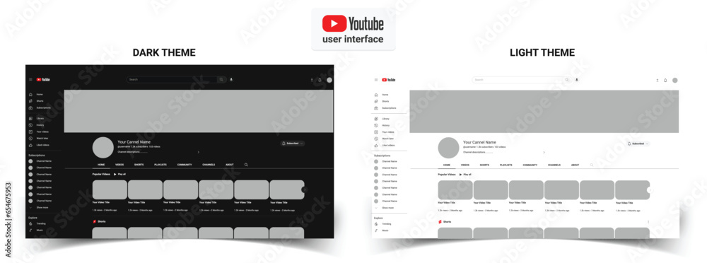 Youtube profile page dark and white theme user interface . Isolated ...