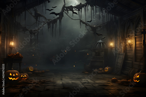 Spooky Halloween Scenery with Pumpkins