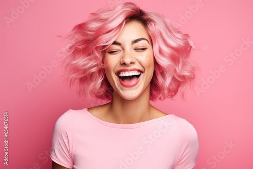 cheerful and funny happy woman in vivid shine pink background