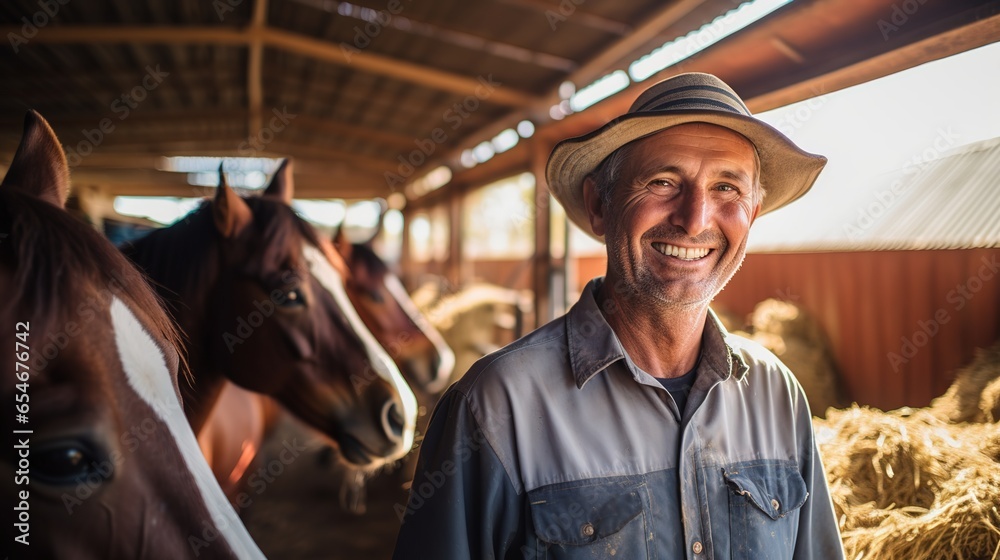 Φωτογραφία A horse farmer stands in a horse stable, he smiles happily at his work, a clean horse stable, a background of horses in a stable