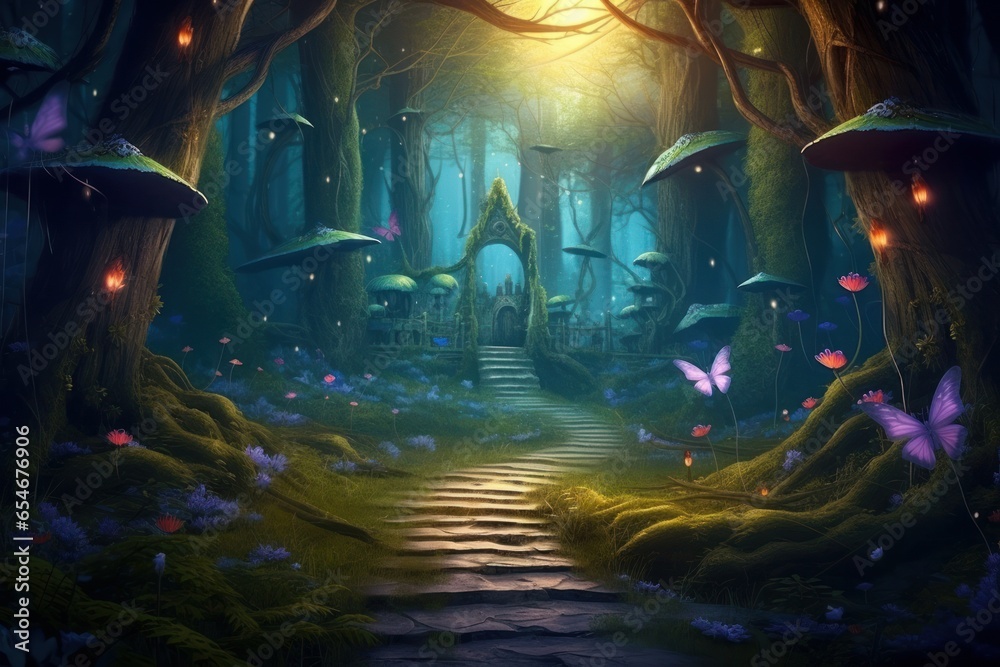 Fantasy fairy tale background. Fantasy enchanted forest with magical ...