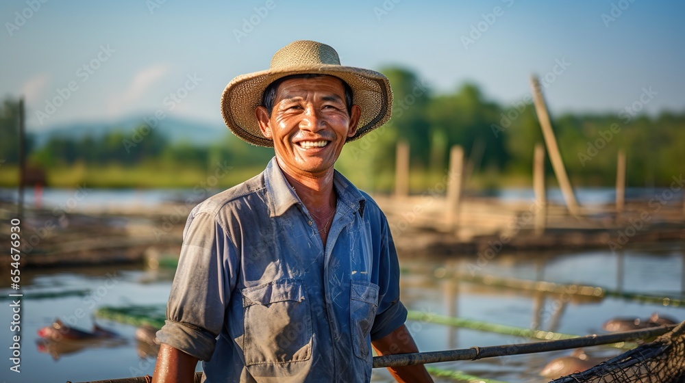 A farmer who raises fish in cages stands on a fish cage, he smiles happily with his work