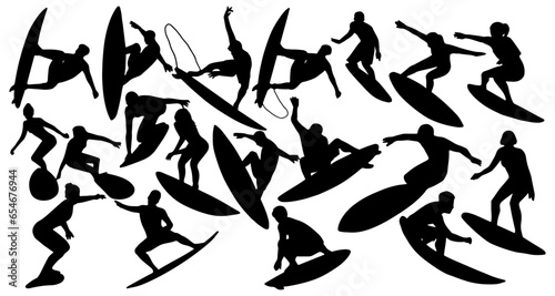set of silhouette of man and woman on a surfing board. isolated on a background. eps 10