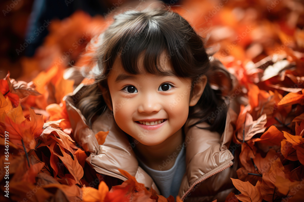 An active kid in a brown jacket enjoying fall leaves. Outdoor fun amidst vibrant autumn foliage.
