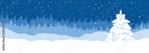 Abstract landscape with a snowy forest and a small christmas tree. Narrow vector illustrations, Christmas wallpaper.