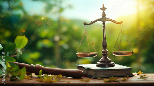 Court scale as judgement symbol with lawyers hammer
