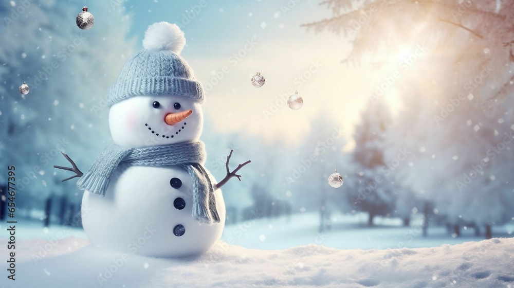 Happy snowman standing in winter landscape