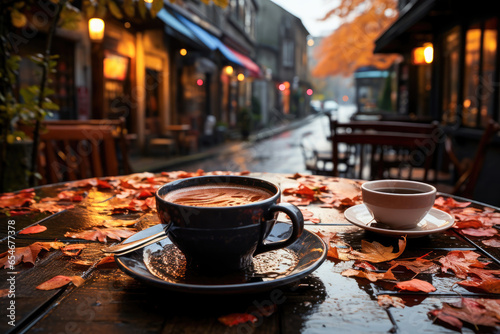 City cafe vibes with coffee and reflections. Streets alive with autumn leaves. 