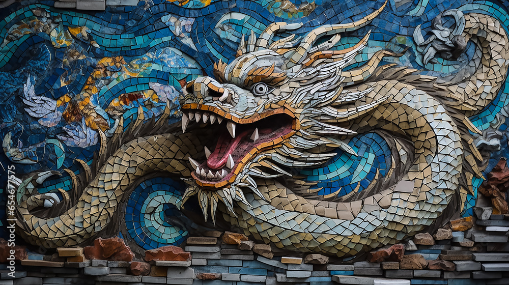 Fototapeta premium Mosaic of smalt with the image of Traditional Dragon religious symbol of the Chinese New Year, Zodiac Sign of Chinese New Year. Colorful Chinese dragon in fantasy shape. Chinese new year celebration.