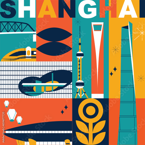 Typography word "Shanghai" branding technology concept. Collection of flat vector web icons. Culture travel set, famous architectures and specialties detailed silhouette. Chinese famous landmark.