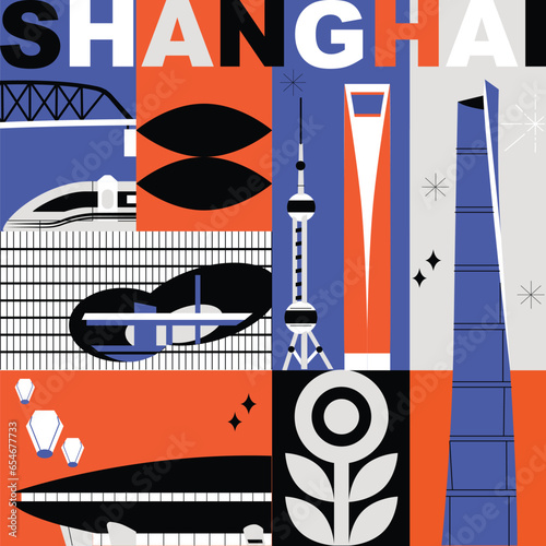 Typography word "Shanghai" branding technology concept. Collection of flat vector web icons. Culture travel set, famous architectures and specialties detailed silhouette. Chinese famous landmark.