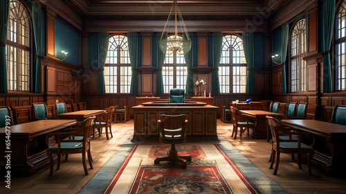 Courts room with tables chair and hammer