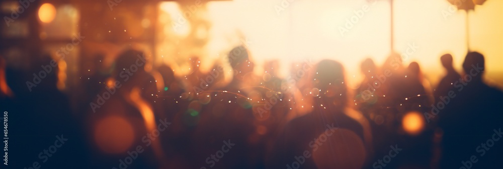 panorama abstract blur image of party festival in garden with bokeh for background usage . (vintage tone) - obrazy, fototapety, plakaty 