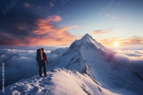 Hiker on the top of the mountain . Success concept