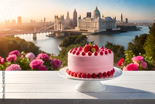 A Culinary Masterpiece Featuring a Cake Bedecked with Exquisite Roses, Where the Artistry of Pastry Meets the Beauty of Nature, Creating a Visual and Tasteful Symphony of Flavors and Aesthetics that E photo