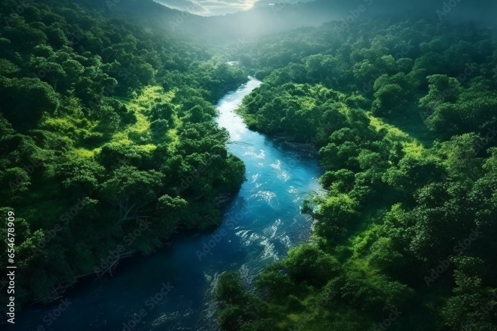 Aerial View of Green Forest and River
