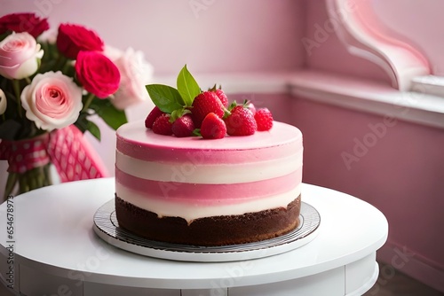 A Culinary Masterpiece Featuring a Cake Bedecked with Exquisite Roses, Where the Artistry of Pastry Meets the Beauty of Nature, Creating a Visual and Tasteful Symphony of Flavors and Aesthetics that E photo