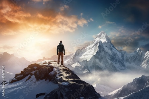 Hiker on the top of the mountain . Success concept