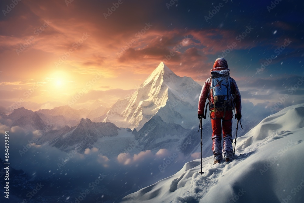 Hiker on the top of the mountain . Success concept Hiker on the top of the mountain . Success concept