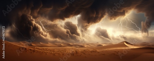 Dramatic sand storm in desert, thunderstorm, lightning. Abstract background. Digital art, Generative AI  photo