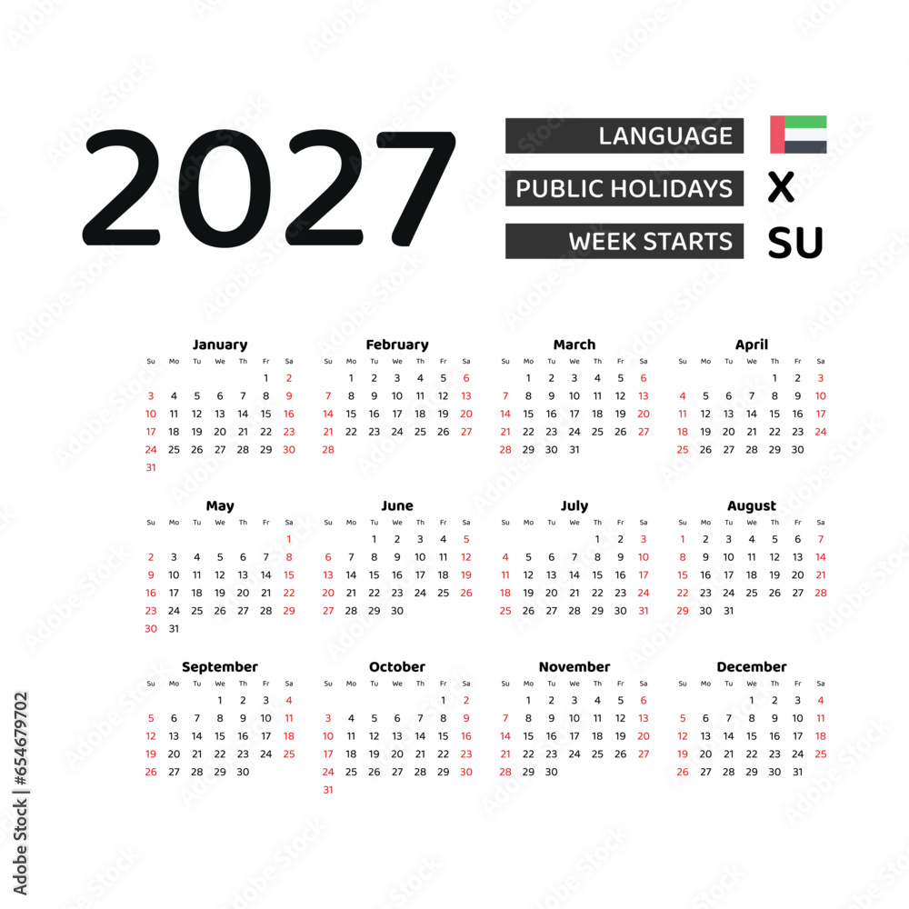 Calendar 2027 English language with United Arab Emirates public holidays. Week starts from Sunday. Graphic design vector illustration.
