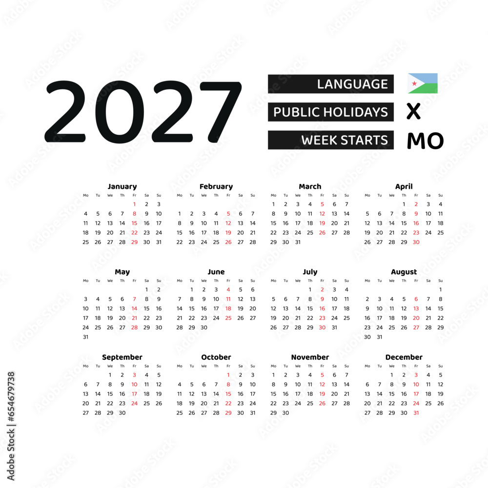 Calendar 2027 English language with Djibouti public holidays. Week starts from Monday. Graphic design vector illustration.