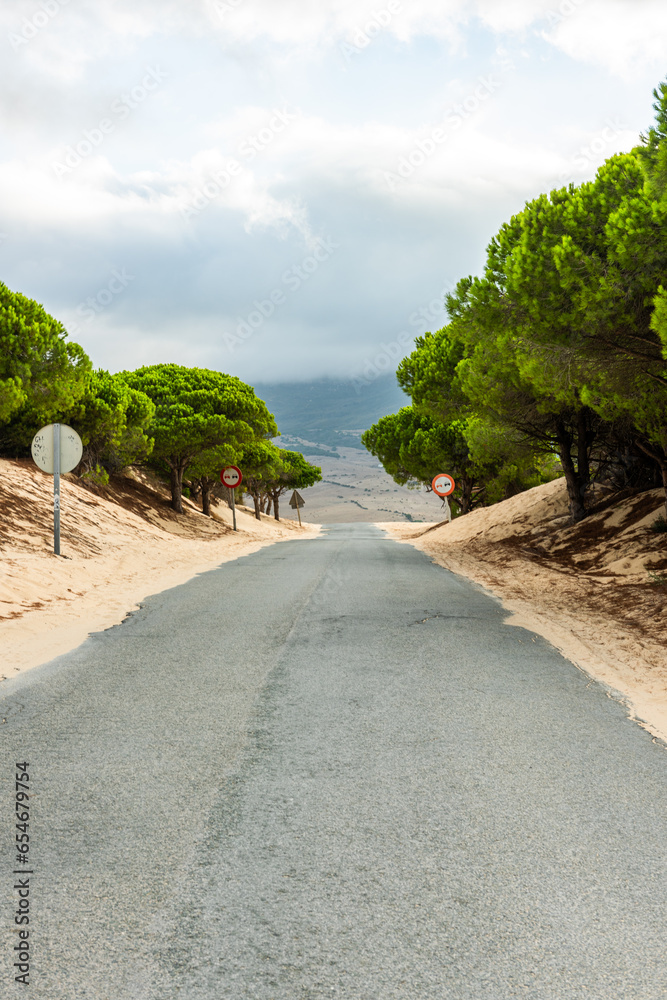 A sandy road through Valdevaqueros dune in Tarifa, Cadiz, Spain A sandy road through Valdevaqueros dune in Tarifa, Cadiz, Spain