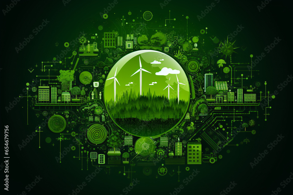 ecology concept, of renewable alternative energy digital icon with green leaf background surrounded by energy icons ecology concept, of renewable alternative energy digital icon with green leaf background surrounded by energy icons