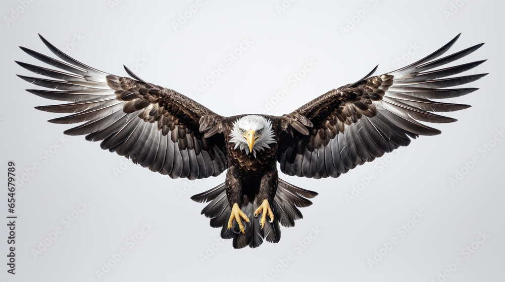 Obraz premium Realistic eagle flying with majesty and befitting a king of birds on a white background,8K.
