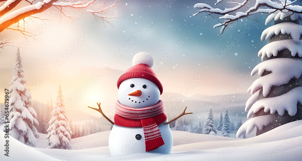 Obraz premium Snowman in red hat and scarf in winter forest.