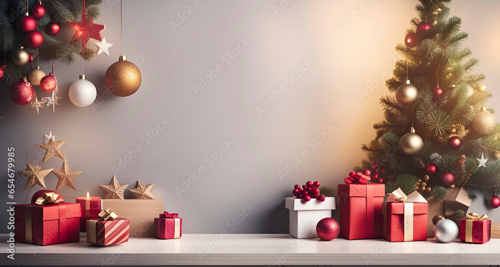 Christmas interior with Christmas tree, presents and decorations. Christmas interior with Christmas tree, presents and decorations.
