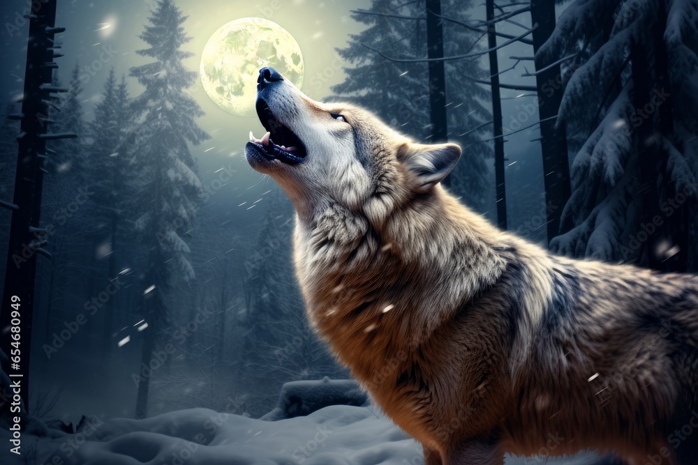 A gray wolf in a winter forest howls at the moon at night. Digital artwork, Generative AI 