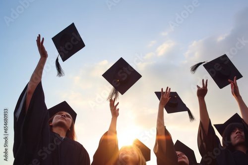Close-up of four hands holding mortar boards against sky background