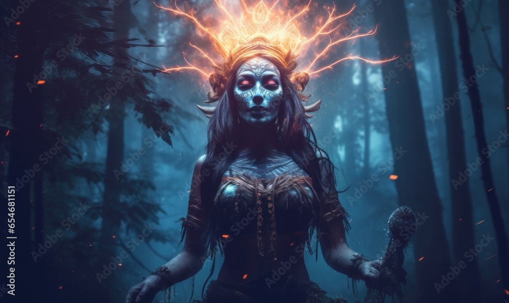 Shaman woman  witch evoking  spirits in a mysterious night forest  Post-processed generative AI, Generative AI 